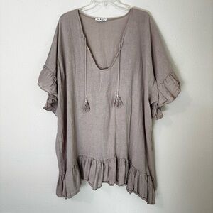 Gigi Moda Italy 75% Linen Ruffle Hem Short Sleeve Tunic Dress Taupe Sz OS